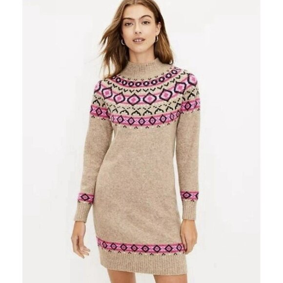 Loft Fair Isle Print Knit Sweater Dress Womens Size XS NWT $89 Acrylic Blend - Picture 1 of 11